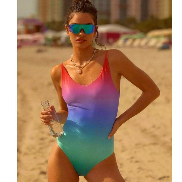 NWT Beach Riot Reece One Piece Swimsuit Pastel Ombre Rainbow Scoop Back XL - Picture 1 of 12